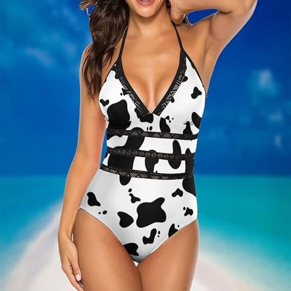 Black and White Dalmatian One Piece Swimsuits for Women High Waist - Picture 1 of 14